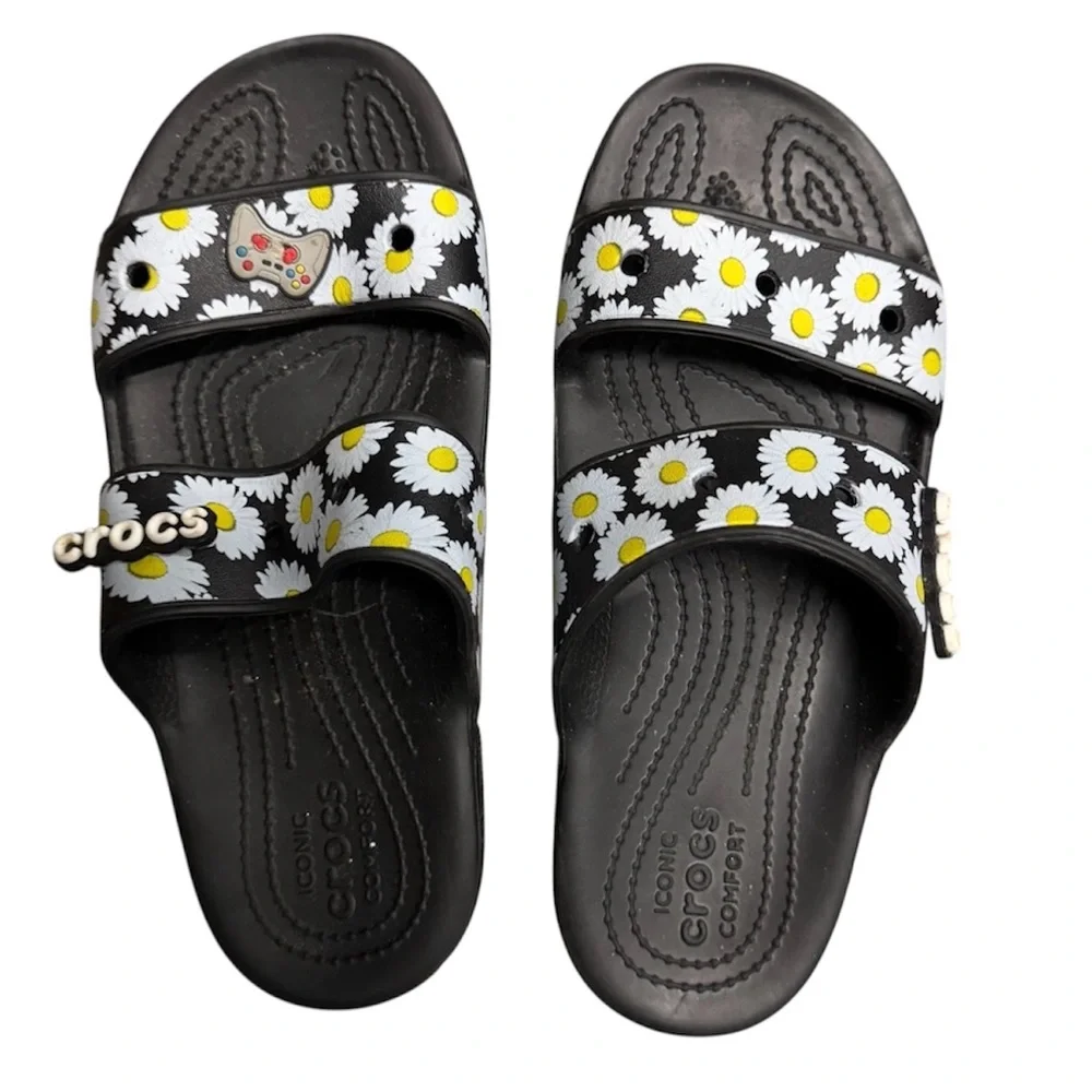 Crocs Black Sunflower Sandal Slides Women's 8 Comfort Beach - Picture 2 of 3